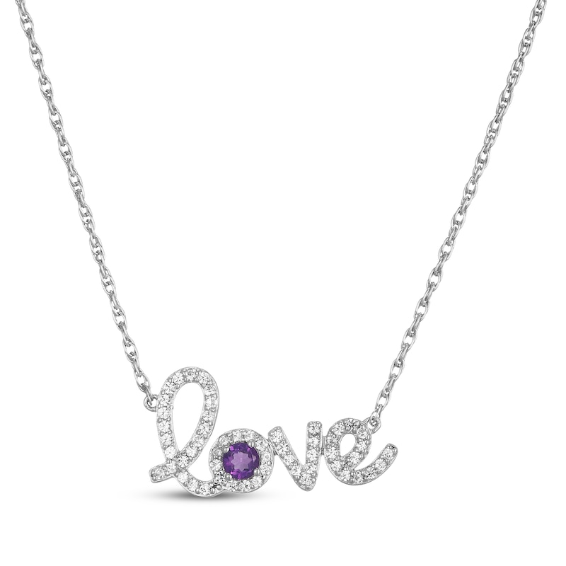 Main Image 1 of Amethyst & White Lab-Created Sapphire Cursive "Love" Necklace Sterling Silver 18"