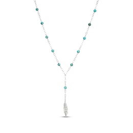 Turquoise Bead & White Lab-Created Sapphire Feather Y-Drop Necklace Sterling Silver 18"