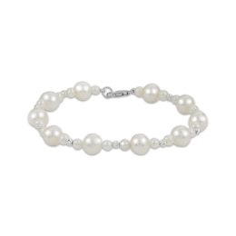 Cultured Pearl & Diamond-Cut Bead Bracelet Sterling Silver 7.5"