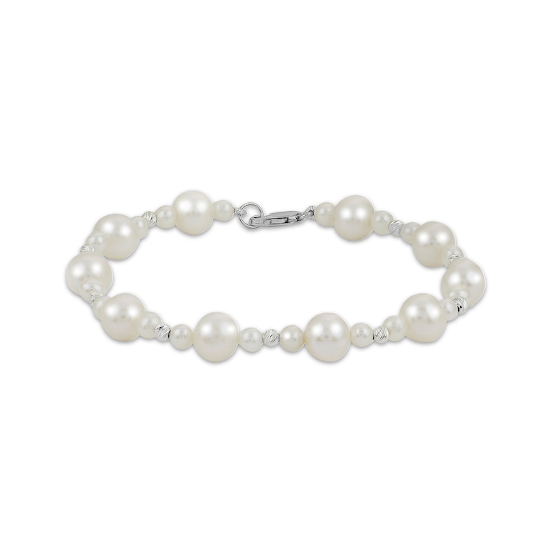 Main Image 1 of Cultured Pearl & Diamond-Cut Bead Bracelet Sterling Silver 7.5"