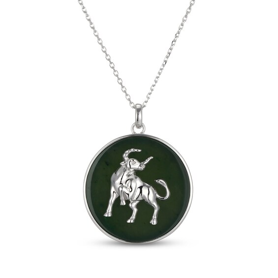 Nephrite Jade Year of the Ox Chinese Zodiac Necklace Sterling Silver 18"
