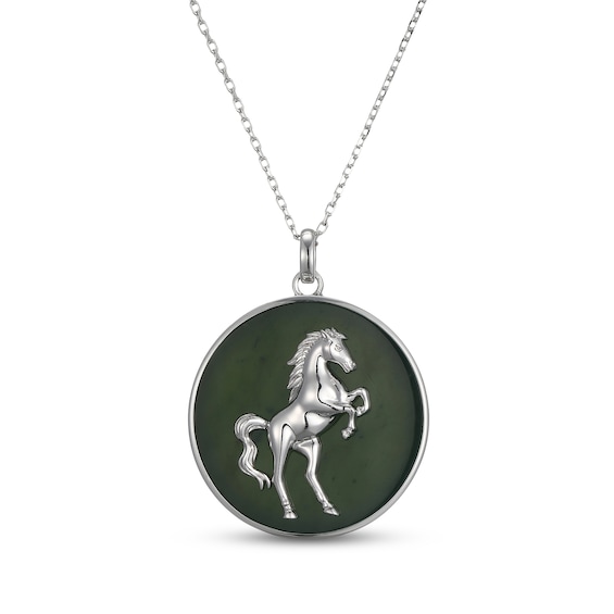 Nephrite Jade Year of the Horse Chinese Zodiac Necklace Sterling Silver 18"