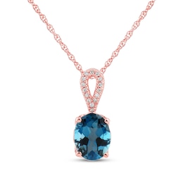 Oval-Cut London Blue Topaz & Diamond Drop Necklace 1/20 ct tw 10K Rose Gold 18"