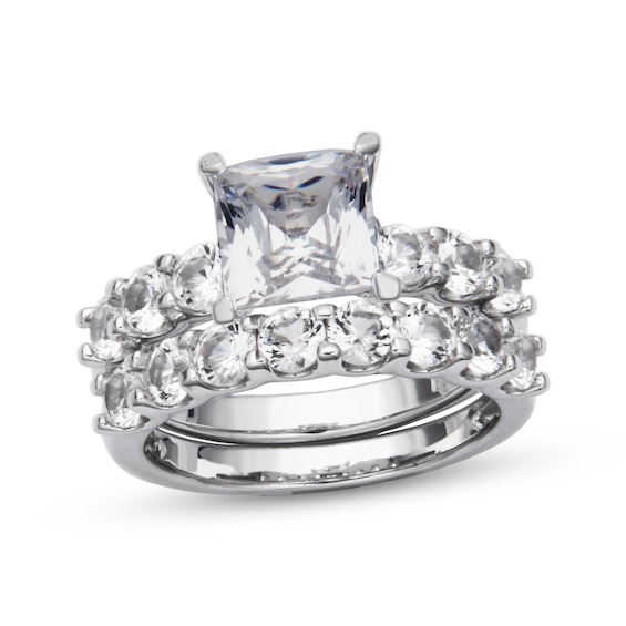 Square-Cut White Lab-Created Sapphire Bridal Set Sterling Silver