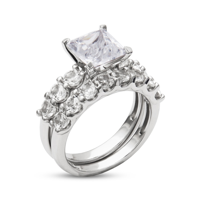 Main Image 2 of Square-Cut White Lab-Created Sapphire Bridal Set Sterling Silver