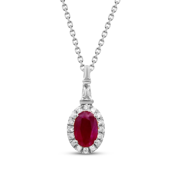 Oval-Cut Ruby & Diamond Halo Necklace 1/8 ct tw 10K White Gold