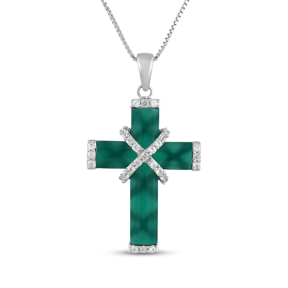 Green Onyx & White Lab-Created Sapphire Cross Necklace Sterling Silver 18"