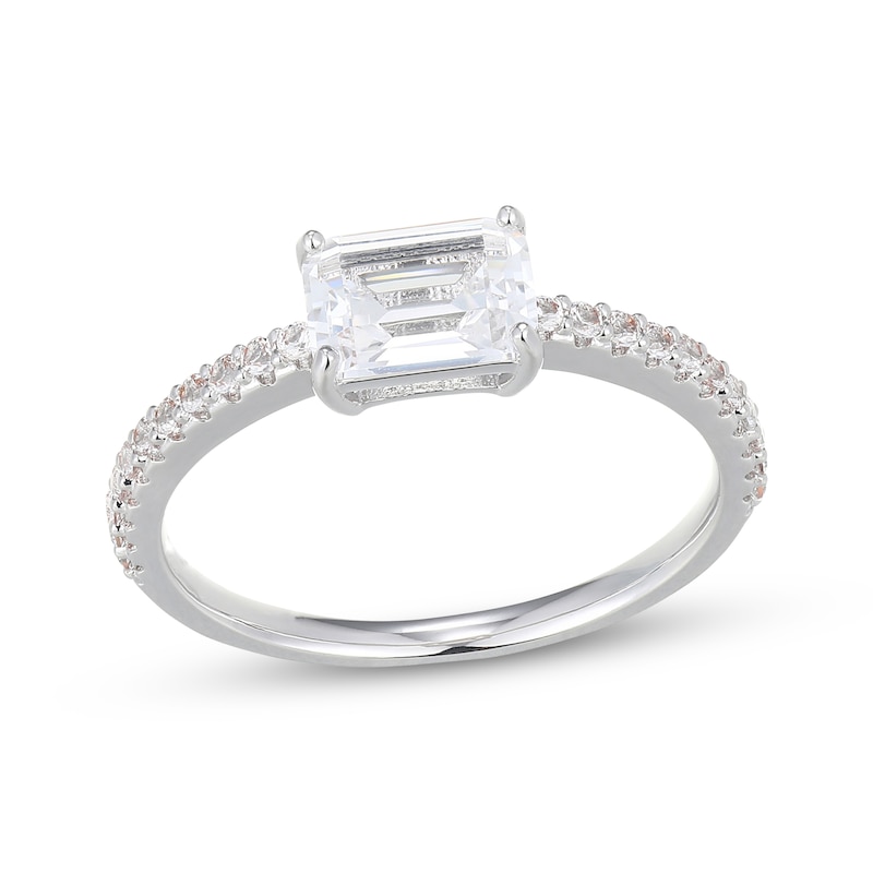 Main Image 1 of Emerald-Cut White Lab-Created Sapphire East-West Ring Sterling Silver