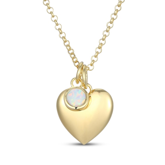 Lab-Created Opal & Puff Heart Charm Toggle Necklace 24K Yellow Gold Vermeil Sterling Silver 18"