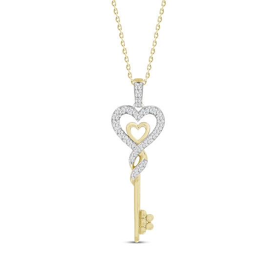 Diamond Twisted Heart Key Necklace 1/5 ct tw 10K Yellow Gold 18"