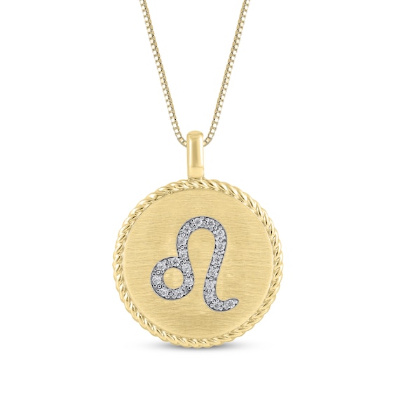 Diamond Zodiac Leo Symbol Brushed Disc Necklace 1/10 ct tw 10K Yellow Gold 18"