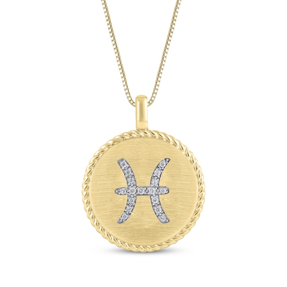Diamond Zodiac Pisces Symbol Brushed Disc Necklace 1/10 ct tw 10K Yellow Gold 18"