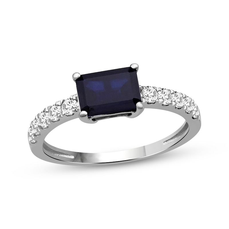 Main Image 1 of Emerald-Cut Blue Lab-Created Sapphire & White Lab-Created Sapphire Ring Sterling Silver