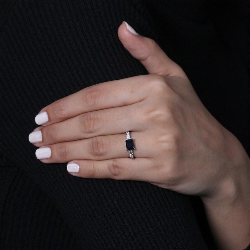 Main Image 3 of Emerald-Cut Blue Lab-Created Sapphire & White Lab-Created Sapphire Ring Sterling Silver