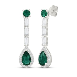 Pear-Shaped Lab-Created Emerald & White Lab-Created Sapphire Drop Earrings Sterling Silver