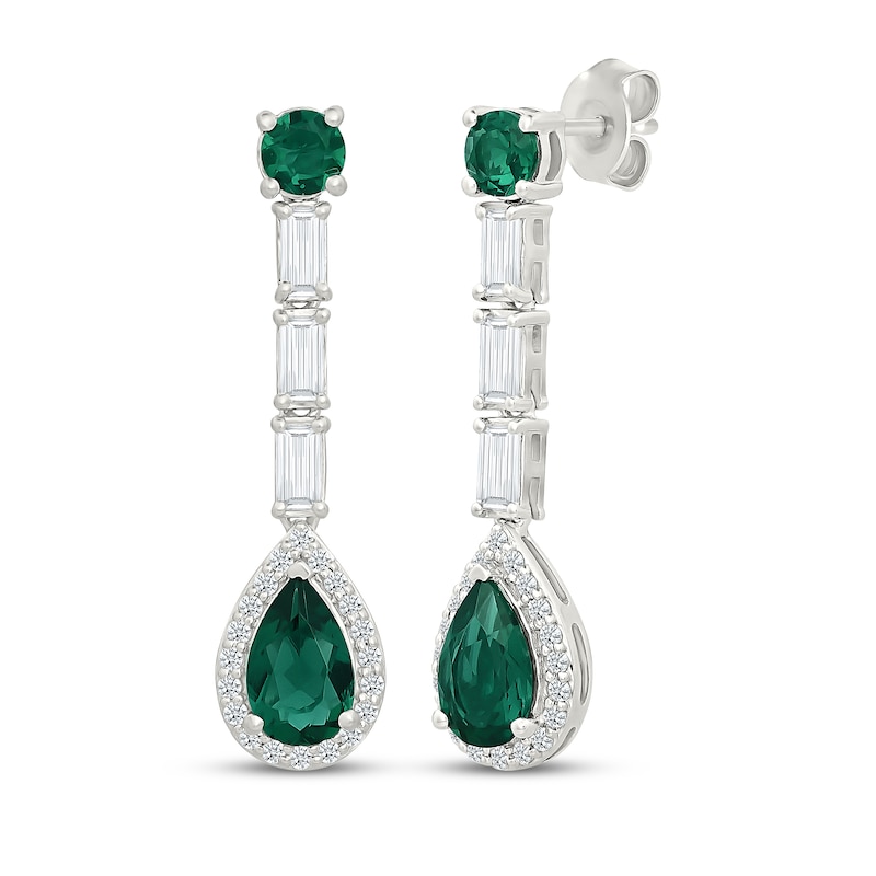 Main Image 1 of Pear-Shaped Lab-Created Emerald & White Lab-Created Sapphire Drop Earrings Sterling Silver