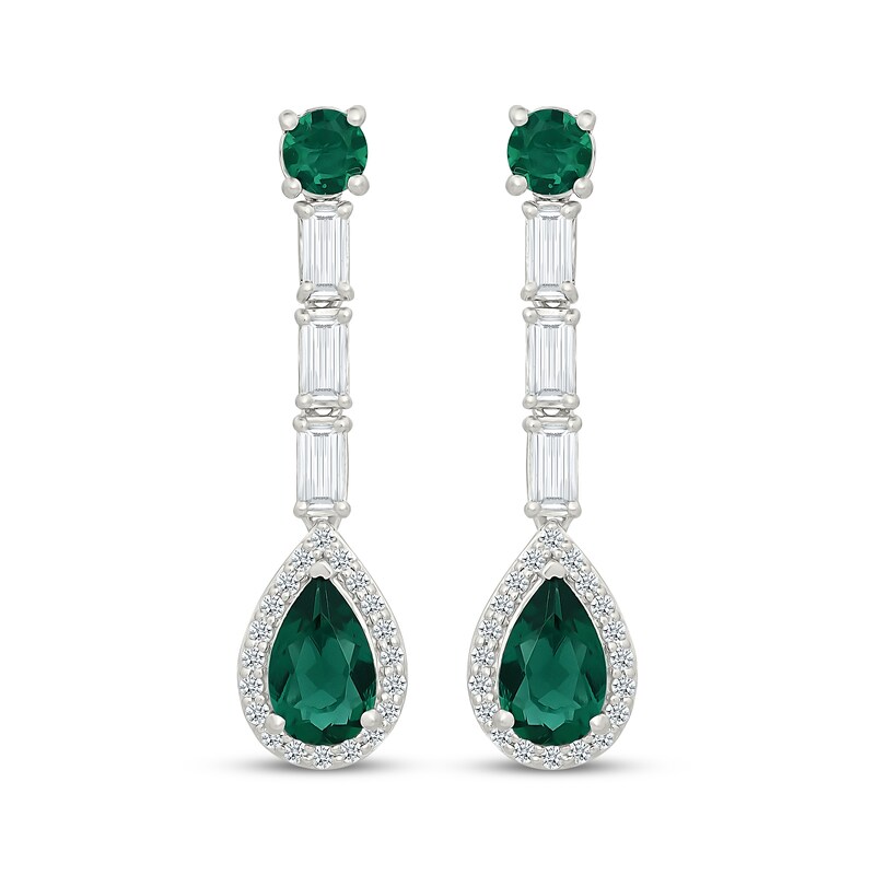 Main Image 2 of Pear-Shaped Lab-Created Emerald & White Lab-Created Sapphire Drop Earrings Sterling Silver