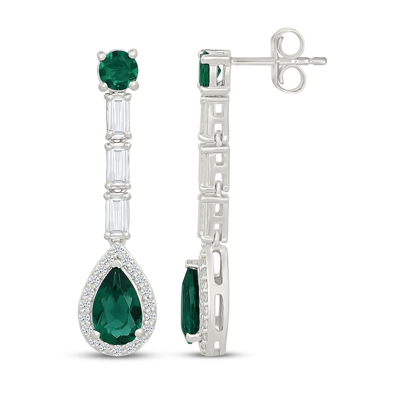Main Image 3 of Pear-Shaped Lab-Created Emerald & White Lab-Created Sapphire Drop Earrings Sterling Silver