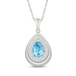 Pear-Shaped Swiss Blue Topaz & White Lab-Created Sapphire Halo Necklace Sterling Silver 18"