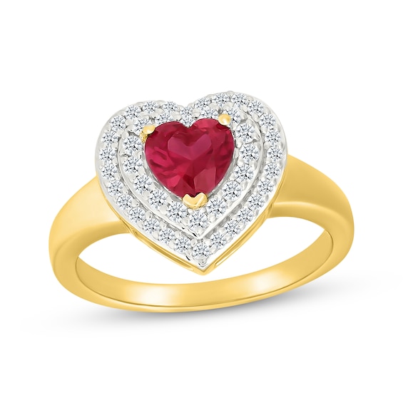 Heart-Shaped Lab-Created Ruby & White Lab-Created Sapphire Double Halo Ring 24K Yellow Gold Vermeil Sterling Silver