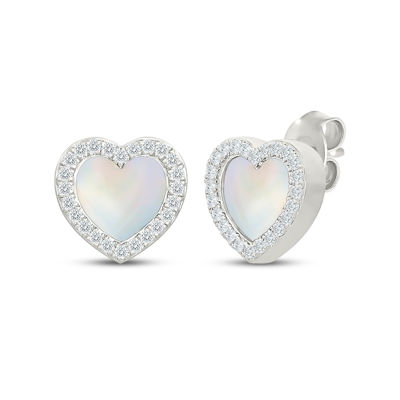 Main Image 1 of Heart-Shaped Mother-of-Pearl & White Lab-Created Sapphire Halo Stud Earrings Sterling Silver