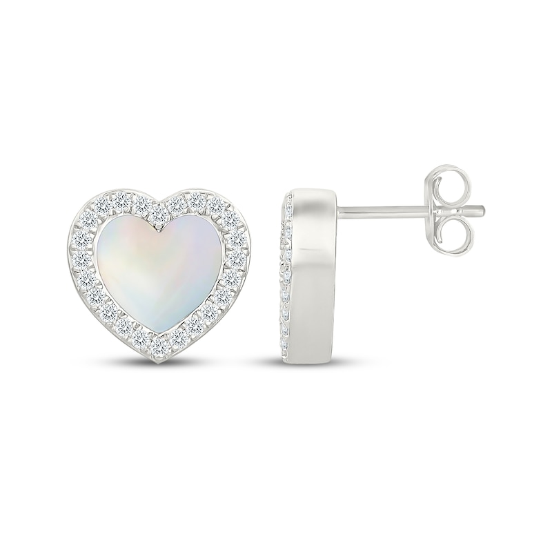 Main Image 3 of Heart-Shaped Mother-of-Pearl & White Lab-Created Sapphire Halo Stud Earrings Sterling Silver