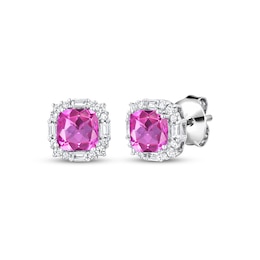 Cushion-Cut Pink Lab-Created Sapphire & White Lab-Created Sapphire Halo Stud Earrings Sterling Silver