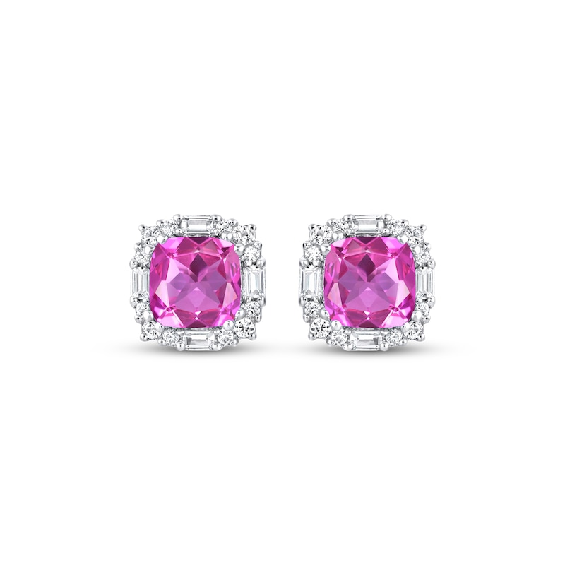 Main Image 2 of Cushion-Cut Pink Lab-Created Sapphire & White Lab-Created Sapphire Halo Stud Earrings Sterling Silver
