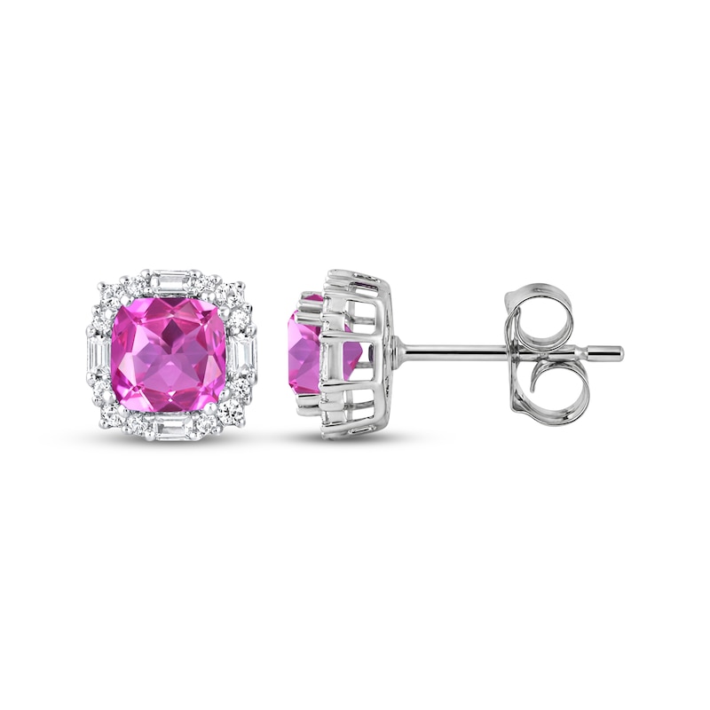 Main Image 3 of Cushion-Cut Pink Lab-Created Sapphire & White Lab-Created Sapphire Halo Stud Earrings Sterling Silver