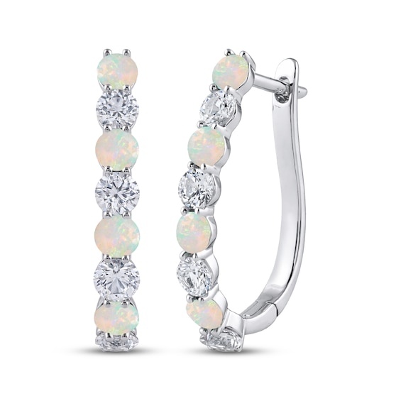 White Lab-Created Opal & White Lab-Created Sapphire U-Hoop Earrings Sterling Silver