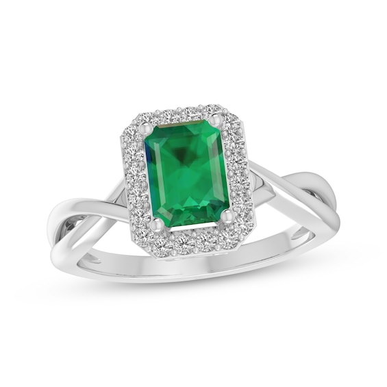 Octagon-Cut Lab-Created Emerald & White Lab-Created Sapphire Halo Fashion Twist Ring Sterling Silver