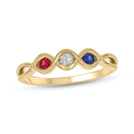 Patriotic Diamond, Lab-Created Ruby & Blue Lab-Created Sapphire Twist Ring 1/15 ct tw 24K Yellow Gold Vermeil Sterling Silver