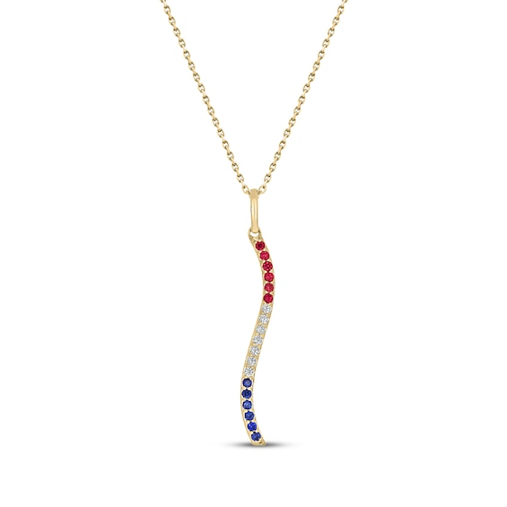 Patriotic Lab-Created Ruby, Blue Lab-Created Sapphire & Diamond Wave Drop Necklace 1/20 ct tw 24K Yellow Gold Vermeil Sterling Silver 18"