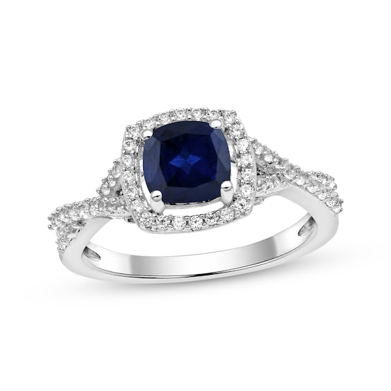 Cushion-Cut Blue Lab-Created Sapphire & White Lab-Created Sapphire Halo Ring Sterling Silver