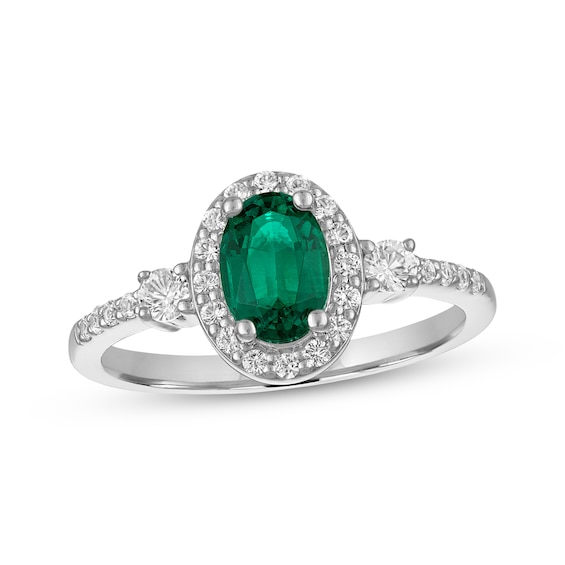 Oval-Cut Lab-Created Emerald & White Lab-Created Sapphire Ring Sterling Silver
