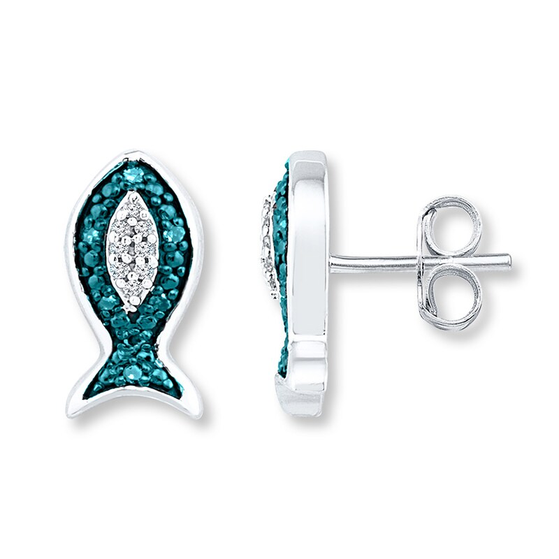 Main Image 1 of Blue Diamond Fish Earrings 1/20 ct tw Round-cut Sterling Silver