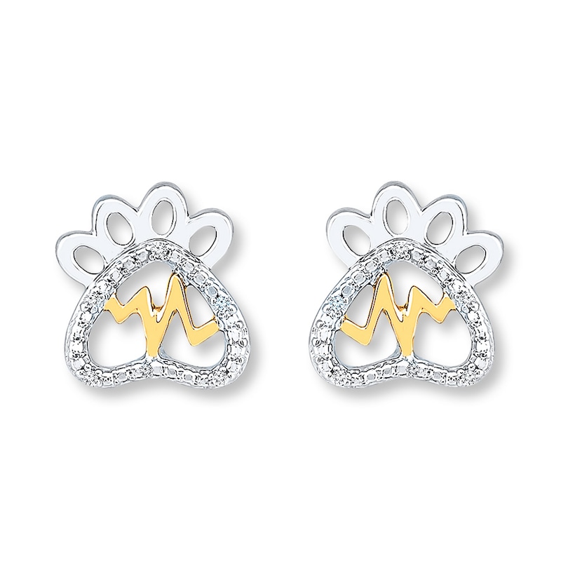 Paw Print Earrings Diamond Accents Sterling Silver & 10K Yellow Gold