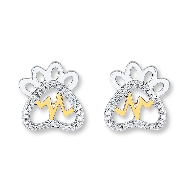 Main Image 2 of Paw Print Earrings Diamond Accents Sterling Silver & 10K Yellow Gold