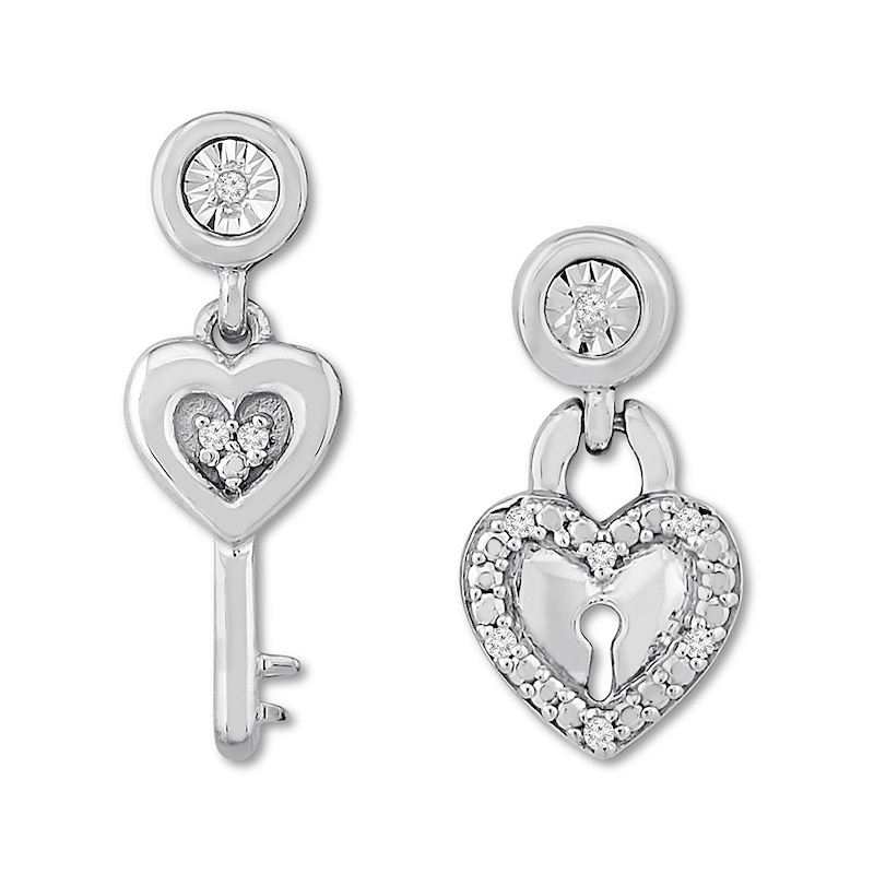 Diamond Mismatched Earrings Heart/Key Sterling Silver