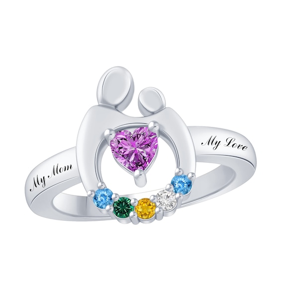 Family Birthstone Mother and Child Ring (2-6 Stones and 2 Lines)