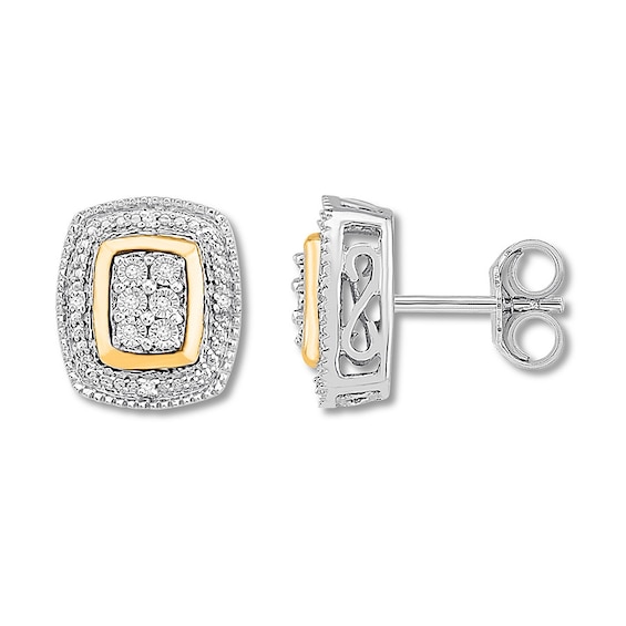 Diamond Rectangle Earrings Sterling Silver & 10K Yellow Gold