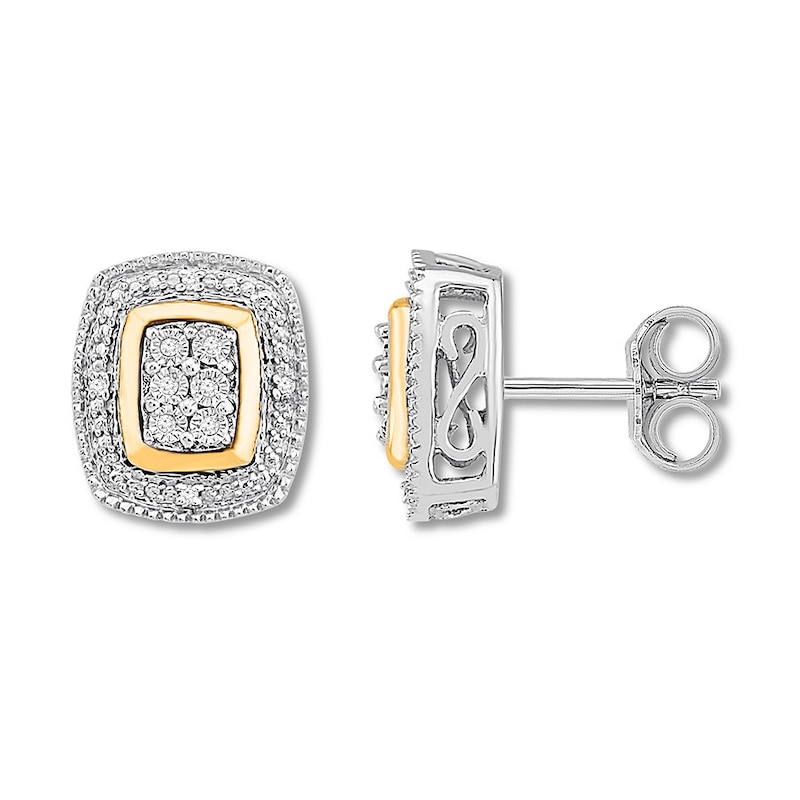 Diamond Rectangle Earrings Sterling Silver & 10K Yellow Gold