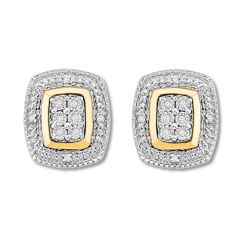 Diamond Rectangle Earrings Sterling Silver & 10K Yellow Gold