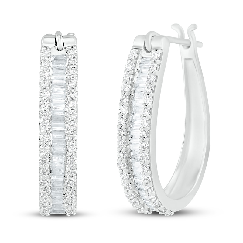 Main Image 1 of Diamond Hoop Earrings 1 ct tw Round & Baguette 10K White Gold