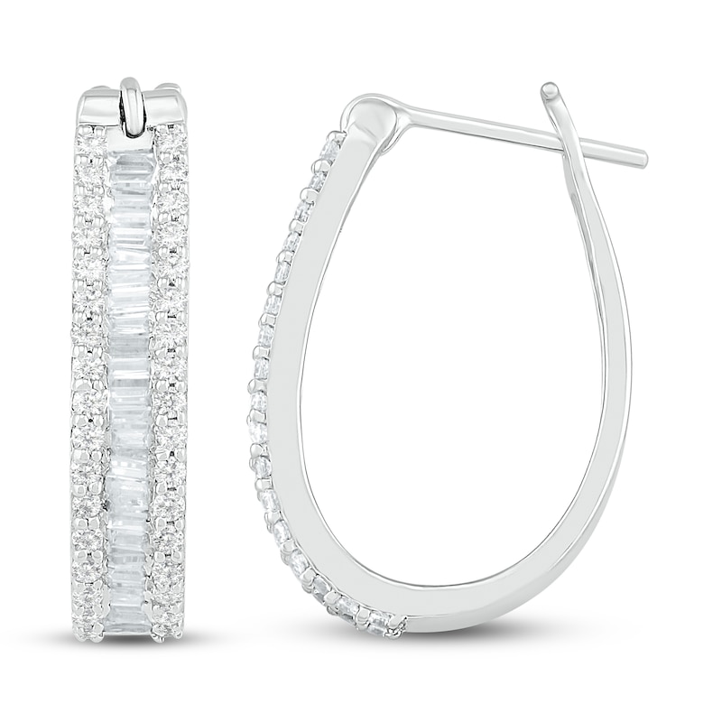 Main Image 2 of Diamond Hoop Earrings 1 ct tw Round & Baguette 10K White Gold