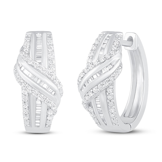 Diamond Hoop Earrings 1/2 ct tw Round & Baguette Sterling Silver