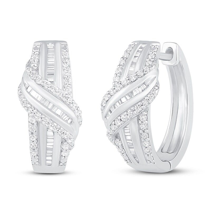 Main Image 1 of Diamond Hoop Earrings 1/2 ct tw Round & Baguette Sterling Silver