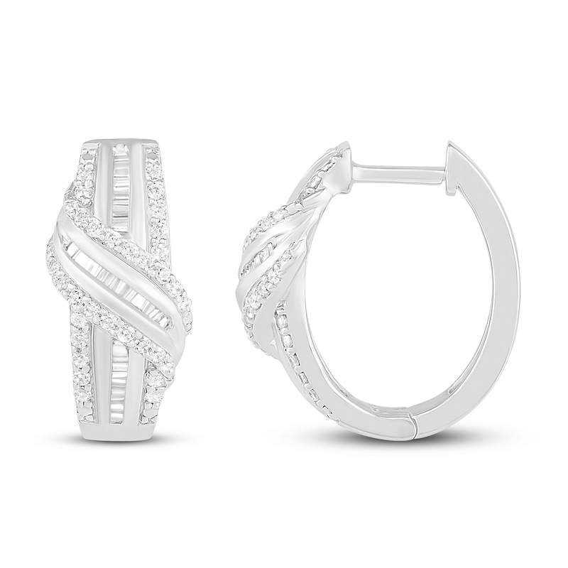Main Image 2 of Diamond Hoop Earrings 1/2 ct tw Round & Baguette Sterling Silver