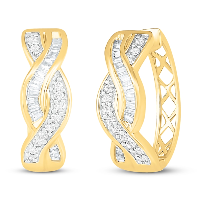 Main Image 1 of Diamond Hoop Earrings 1/2 ct tw Round & Baguette 10K Yellow Gold