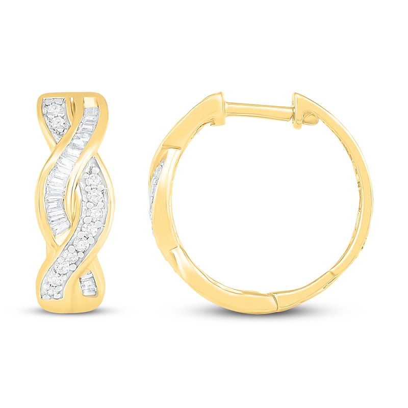 Main Image 2 of Diamond Hoop Earrings 1/2 ct tw Round & Baguette 10K Yellow Gold
